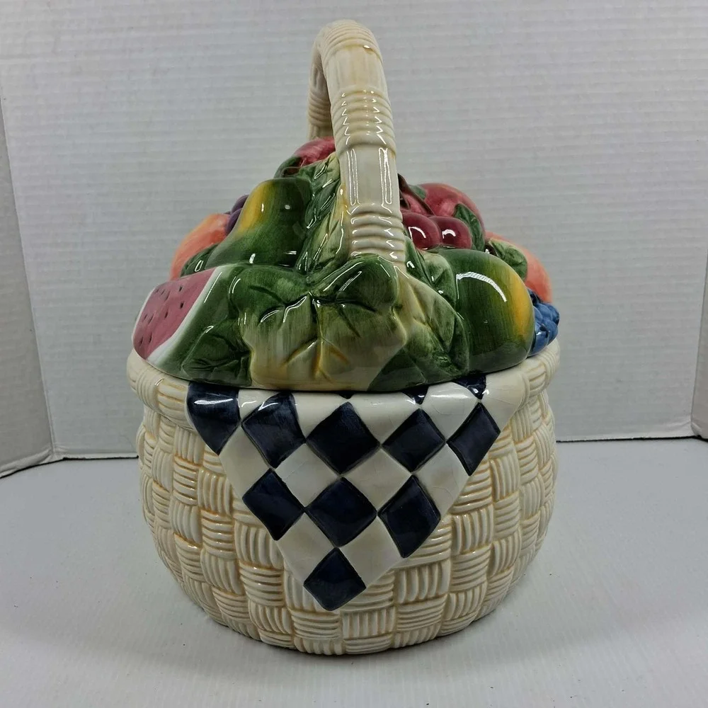 Vtg Certified International Susan Winget Fruit Picnic Basket Ceramic Cookie Jar